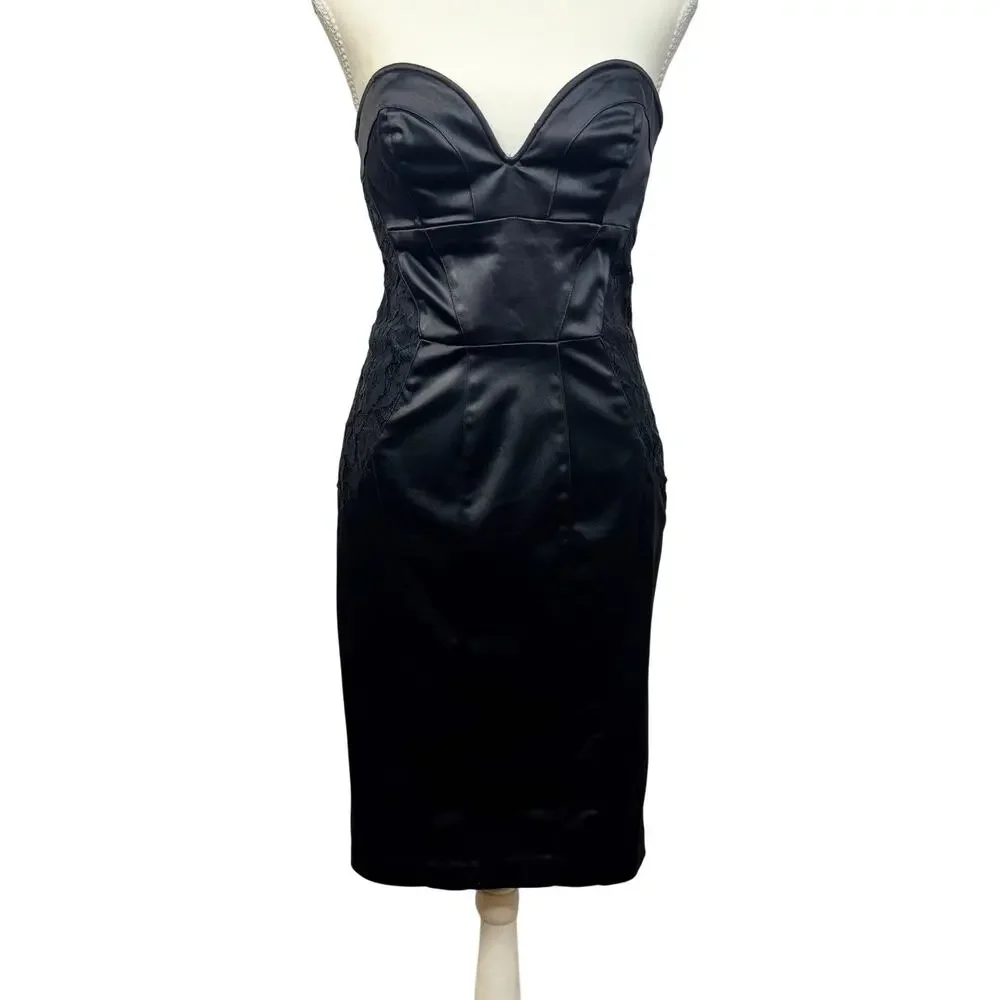 bebe Strapless Black Satin Lace Sheath Dress Women’s Medium Bodycon Bombshell - Picture 10 of 16
